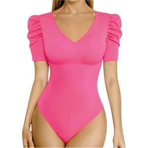 Live in the Moment Pink V Neck Puff Sleeve Bodysuit Size Large